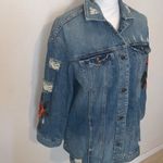 EXPRESS Jeans Blue Distressed Floral Embroidered Denim Button Down Jean Jacket Photo 1