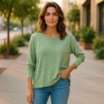 Kensie ‎ Performance Heathered Light Green Sweatshirt Raw Hem 1X Photo 1