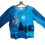 Collections Etc Womens Christmas Shirt Size Large Santa Sleigh Beads 2 Sided NW Blue Photo 0