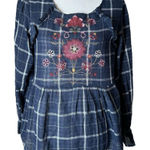 Blue Rain  Plaid Tunic Top Womens M Embroidered Long Sleeve‎ Blue BOHO Peasant Photo 0