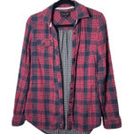 Miss Me  Womens Plaid Flannel Shirt Red Navy Long Sleeve Button Up Size S Photo 0