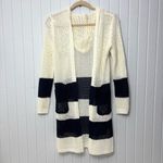 POL  Cream and Navy Blue Cardigan‎ Sweater with Hoodie Bold Stripes Size S Photo 2