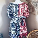 Farm Rio NWT Mixed Pineapple GardenāLinen Blend Red & Blue Tie Waist MiniāDress Photo 2