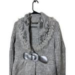 John Fashion Y2K Sweater Wool Blend Large Gray Knit Cardigan Faux Fur Collar Photo 1