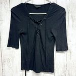 Topshop Top Women's Size 4 Solid Black 3/4 Sleeve Ribbed Short Sleeved Lace Up Photo 0