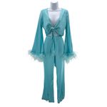 White Fox Boutique White Fox Satin Feather Trim Lounge Set Blue‎ Tie Front Top Pants Small Y2K Glam Photo 11