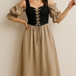 Cottagecore Renaissance Corset Midi Dress Puff Sleeve Linen Prairie Style Sz L Tan Photo 0