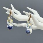 Blue and White Floral Ceramic Ball Dangle Earrings Rhinestone Crystal Accents Size 0 Photo 0