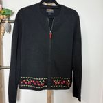Woolrich  Black Full‎ Zip Cardigan Embroidered Flowers Sweater Size Large Photo 1