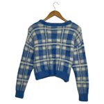 Altar'd State Cardigan Sweater Womens Small Blue White Fuzzy Plaid Cropped Photo 1