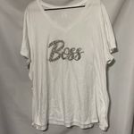 Lane Bryant SIZE 26/28 WHITE SHORT SLEEVE VNECK TSHIRT W/3D SILVER Glitter BOSS Photo 5
