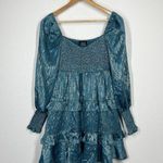 VICI Shine On Metallic Tiered Babydoll Dress XS Teal Gold Smocked Photo 0