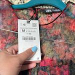 ZARA Sheer Floral Top Red Black Puff Sleeve Cropped Women’s Medium Ruffle Photo 5