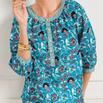 Talbots  Bright Blue Floral Popover Jacobean Floral Paisley Spring Casual Size L‎ Photo 0