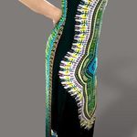 Anthropologie Elegant Black and Green Multicolored Geometric Patterned Maxi Summer Sun Dress Photo 2