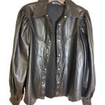 ZARA  Black Vegan Leather button up blouse puff long‎ sleeve, Medium Photo 0