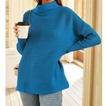 Women's Mock Turtleneck Sweater Long Batwing Sleeve Split Hem (630) Blue Size XL Photo 0