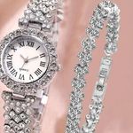 2pcs Watch and Bracelet Set Women Quartz Watch + Heart Bracelet Bling Silver Photo 3