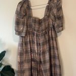 En Saison Plaid Puff Sleeve babydoll Dress with gold shimmer threading Large Tan Photo 4
