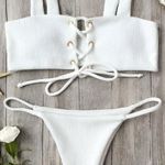 Zaful Ribbed White Lace Up Bikini Photo 0