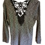 Almost Famous  Charcoal & Crochet Knit Top with Black Lace Long Sleeve EUC Photo 8