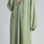 H&M Drawstring Neck Maxi Dress Sage Green Long Sleeve Slit Sides M Photo 0