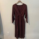 Massimo Dutti Brown Satin Faux Wrap Dolman Sleeve Side Slits Midi Dress Size M Photo 4