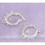 Boutique NEW Boho 925‎ Sterling Silver Lotus Flower Hoop Earrings Photo 3