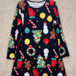 Imperfect Festive Holiday Print Dress size large long sleeved stretchy Black Photo 0