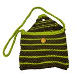 Handmade Crocheted Striped Crossbody Bag Moss Green Brown Wooden Button Photo 3