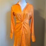 ZARA  small Orange Mini Dress long sleeve collared sexy glam‎ knot front silky Photo 2