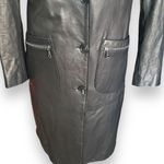 L’Univers Du Luxe Black Leather Longline Trench Coat Zipper Pockets Button Down Black Photo 3