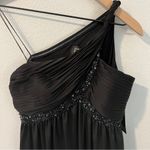 Adrianna Papell Boutique Elegant Satin Black Beaded One-Shoulder Babydoll Dress Photo 1