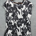 Tahari Womens Top M 100% Linen Black White Floral Button Back Photo 0