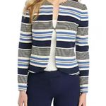Anne Klein Women Blue Black Tweed Stripe Tulip Hem Jacket Cotton Blazer Size 4 Photo 2