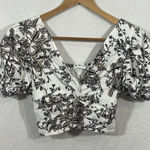 Midnight sky  Linen Blend Blouse Small Cropped Puff Sleeve Cinched Floral BOHO Photo 0