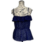 One Clothing  Los Angeles Navy Blue Crane Print Sheer Peplum Blouse Women’s L Photo 4