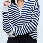 Madewell  Ribbed Half-Zip Sweater in Stripe‎ Ivory White Navy Blue Size XXL Photo 0