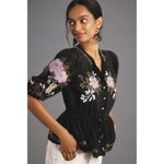Farm Rio Anthropologie Winter Garden Embroidered Blouse Black Purple Size Small Photo 4