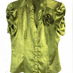 Iz Byer  L Victorian Style Satin Blouse in Olive Sheen with Flower Photo 0