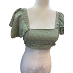 Sage Green Textured Square Neck Flutter Sleeve Crop Top Tie Back Photo 1