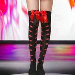 Lips Kiss Mesh Thigh High Stockings Bow Decor Valentines Day Over The Knee Socks Photo 3