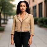 Bergamo Studio Tan Boucle Tweed Confetti Fringe Blazer | Size Medium Photo 15