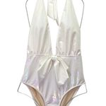 Beach Joy NWT White Metallic Plunge One Piece Swimsuit Size Medium Bridal Bow Photo 0