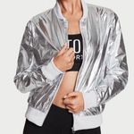 Victoria's Secret Sport Bomber Jacket MEDIUM Silver Foil Metallic Active Casual Photo 0