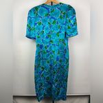 Adrianna Papell Vintage Blue Floral 100% Silk Satin Short Sleeve Dress Photo 3