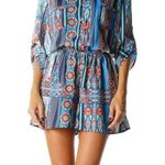 Mimi Chica Boutique Blue Orange Print Pocketed 3/4 Sleeve Buttoned Belted Romper sz small. Photo 0
