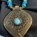 Bohemian Chic Blue turquoise colored chunky statement necklace Large Amulet Photo 2