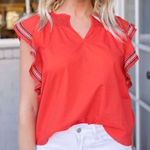 Ellison  Women's Size Large Red Embroidered Ruffled Sleeves‎ Blouse Photo 0