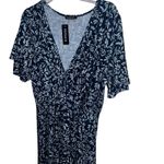 FENSACE Plus Size XL Navy Blue White Leaf Print V Neck Short Sleeve Midi Dress Black Photo 3